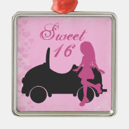 Adorno Metálico Chica y coche de silueta rosa y negro dulce 16
