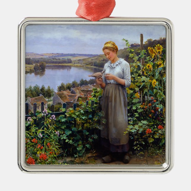 Adorno Metálico Chica y su Mascota Dove (Mujer joven y pájaro) (Frente)