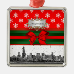 Adorno Metálico Chicago Skyline Copo de Nieve Rojo Navidad