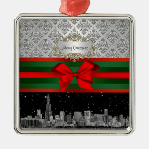 Adorno Metálico Chicago Skyline Plata Blanco Damask #3 Lazo Navida