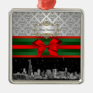 Adorno Metálico Chicago Skyline Plata Blanco Damask #3 Lazo Navida