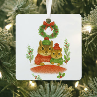 Adorno Metálico Chipmunk Mom & Child Christmas Whimsical Ornament