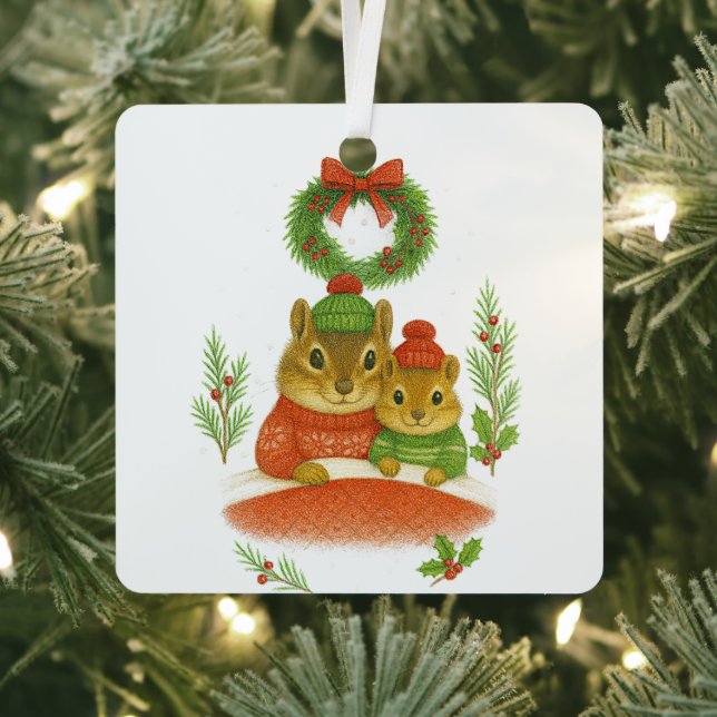 Adorno Metálico Chipmunk Mom & Child Christmas Whimsical Ornament (in situ)