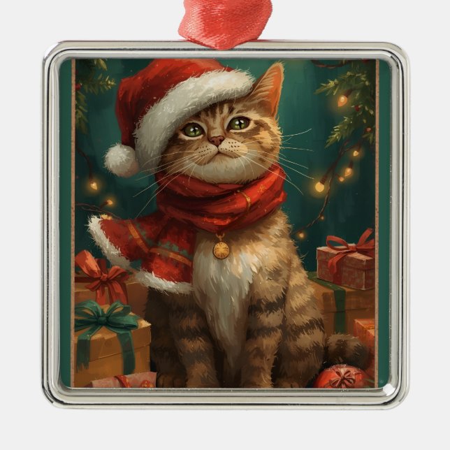 Adorno Metálico Christmas Cat Square Metal Ornament (Frente)