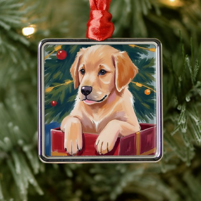 Adorno Metálico Christmas Golden Retriever Puppy Present (Árbol)