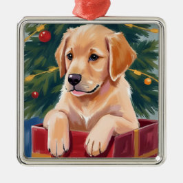 Adorno Metálico Christmas Golden Retriever Puppy Present