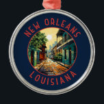 Adorno Metálico Círculo alterado retro de Luisiana en Nueva Orlean<br><div class="desc">Diseño de viaje vectorial retro de Nueva Orleans. Llamado "La gran fácil",  es conocido por su vida nocturna de 24 horas,  su vibrante escena musical en vivo y su cocina especiada y singular que refleja su historia como crisol de culturas francesas,  africanas y estadounidenses.</div>