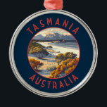 Adorno Metálico Círculo de alteración retro de Tasmania Australia<br><div class="desc">Diseño de viaje vector retro de Tasmania. Tasmania es un estado insular de Australia,  ubicado a 240 kilómetros al sur del continente australiano,  separado por el estrecho de Bass.</div>