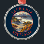 Adorno Metálico Círculo de alteración retro de Tasmania Australia<br><div class="desc">Diseño de viaje vector retro de Tasmania. Tasmania es un estado insular de Australia,  ubicado a 240 kilómetros al sur del continente australiano,  separado por el estrecho de Bass.</div>