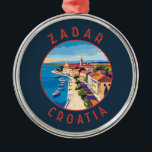 Adorno Metálico Círculo de angustia retro de Croacia de Zadar<br><div class="desc">Diseño de viaje vectorial retro de Zadar. Zadar,  una ciudad de la costa dálmata de Croacia,  es conocida por las ruinas romanas y venecianas de su casco antiguo peninsular.</div>
