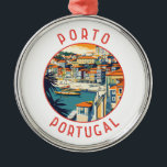 Adorno Metálico Círculo de angustia retro de Porto Portugal<br><div class="desc">Diseño de viaje vectorial Porto retro. Porto es una ciudad costera del noroeste de Portugal conocida por sus puentes majestuosos y la producción de vino del puerto.</div>