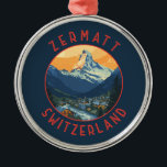 Adorno Metálico Círculo de angustia retro de Zermatt Suiza<br><div class="desc">Diseño de viaje vectorial retro Zermatt. Zermatt,  en el cantón de Valais,  en el sur de Suiza,  es una estación de montaña famosa por el esquí,  la escalada y el senderismo.</div>