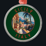 Adorno Metálico Círculo en crisis de Sicilia Italia<br><div class="desc">Diseño sicialmente retro de viaje vectorial. Sicilia,  la isla mediterránea más grande,  está justo al lado del "arranque" de Italia. Su rica historia se refleja en lugares como el Valle de los Templos.</div>