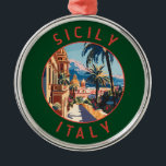 Adorno Metálico Círculo en crisis de Sicilia Italia<br><div class="desc">Diseño sicialmente retro de viaje vectorial. Sicilia,  la isla mediterránea más grande,  está justo al lado del "arranque" de Italia. Su rica historia se refleja en lugares como el Valle de los Templos.</div>