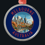 Adorno Metálico Círculo en peligro de Melbourne Australia<br><div class="desc">Diseño de viajes vectoriales retro de Melbourne. Melbourne es la capital costera del estado de Victoria,  al sureste de Australia. En el centro de la ciudad está el moderno desarollo de la Plaza de la Federación,  con plazas,  bares y restaurantes a orillas del río Yarra.</div>