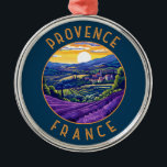 Adorno Metálico Círculo retro de lavanda de Provenza<br><div class="desc">Diseño de viajes vectoriales retro de Provenza. La Provenza es una región histórica y cultural del sureste de Francia. Conocido por sus diversos paisajes,  desde las llanuras de los Alpes y la Camarga hasta los viñedos,  olivares,  bosques de pinos y campos de lavanda.</div>