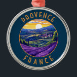 Adorno Metálico Círculo retro de lavanda de Provenza<br><div class="desc">Diseño de viajes vectoriales retro de Provenza. La Provenza es una región histórica y cultural del sureste de Francia. Conocido por sus diversos paisajes,  desde las llanuras de los Alpes y la Camarga hasta los viñedos,  olivares,  bosques de pinos y campos de lavanda.</div>