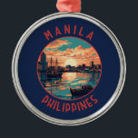 Adorno Metálico Círculo retro en angustia de Manila en Filipinas<br><div class="desc">Diseño de viaje vectorial retro de Manila. Manila,  la capital de Filipinas,  es una ciudad costera densamente poblada en la isla de Luzon,  que mezcla la arquitectura colonial española con rascacielos modernos.</div>