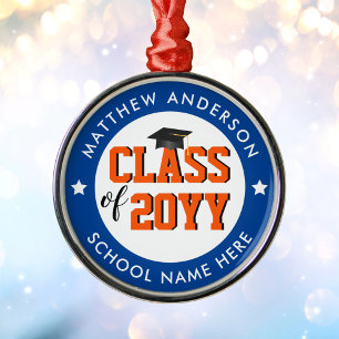 Adorno Metálico Clase de 2026 Graduado Azul Naranja Graduación