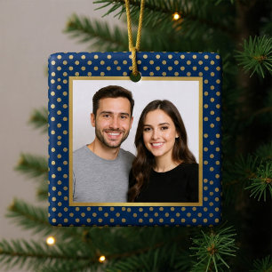 Adorno Metálico Clásico Navy & Gold Lunares Marco Foto Navidad