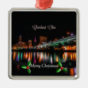 Adorno Metálico Cleveland, paisaje urbano de Ohio, Feliz Navidad M