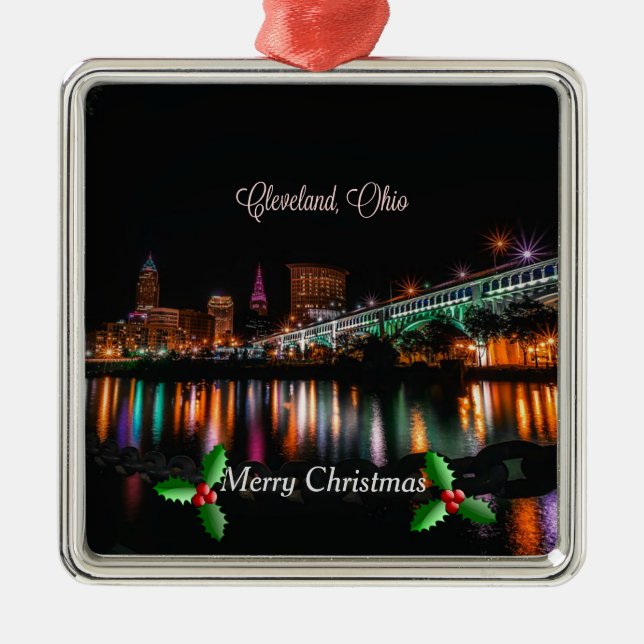 Adorno Metálico Cleveland, paisaje urbano de Ohio, Feliz Navidad M (Frente)