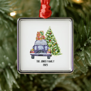 Adorno Metálico Coche Azul con Regalos de Navidad encima y Árbol