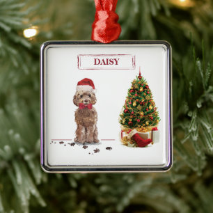 Adorno Metálico Cockapoo Marrón Divertido Perro de Navidad y Árbol