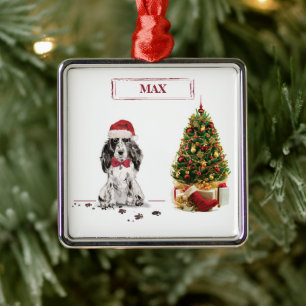 Adorno Metálico Cocker Spaniel Divertido Perro de Navidad con Árbo