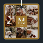Adorno Metálico Collage de fotos de pareja simple Stylis | Regalo<br><div class="desc">Este ornamento personalizado de la familia moderna Mustard Golden Brown 8 Collage de fotos es la manera perfecta de convertir tus fotos familiares favoritas en un toque de moda. Con un diseño sencillo, moderno y elegante Monograma, es totalmente personalizable para adaptarse a tu estilo. Ideal para regalar en el Día...</div>