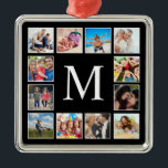Adorno Metálico Collage de fotos personalizado familiar personaliz<br><div class="desc">Crea tu propio collage de fotos personalizado de 12 Navidades,  adorno de vacaciones con tus imágenes personalizados en un sencillo fondo negro moderno. La cara de adorno de vacaciones de los Navidades también incluye su monograma. Añade tus fotos,  diseños o obras de arte favoritas para crear algo realmente único.</div>