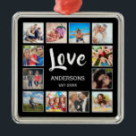 Adorno Metálico Collage de fotos personalizado familiar personaliz<br><div class="desc">Crea tu propio collage de fotos personalizado de 12 Navidades, adorno de vacaciones con tus imágenes personalizados en un sencillo fondo negro moderno. La cara de adorno de vacaciones de los Navidades también incluye el nombre de su familia, el año establecido y un guión escrito a mano de "Amor". Añade...</div>