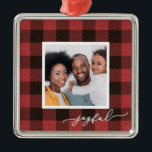 Adorno Metálico Colocación de búfalos con alegres Navidades de fot<br><div class="desc">Ornamento navideño de Navidad con guion alegre de búfalo rojo.</div>
