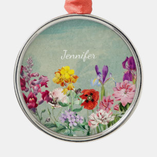 Adorno Metálico Coloridas vintage floreciendo bellas flores silves