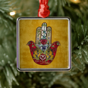 Adorno Metálico Corazón de Granada Rojo de Pájaro Hamsa Rubí