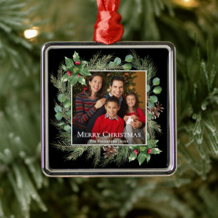 Adorno Metálico Corona de Foto Botánico Feliz Navidad