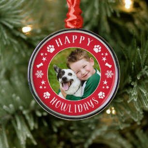 Adorno Metálico Corona de foto de perro feliz navidad roja festiva