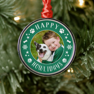 Adorno Metálico Corona de foto de perro feliz verde navideño