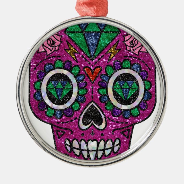 Adorno Metálico cráneo de azúcar purpurina rosa (Frente)