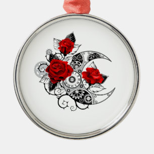Adorno Metálico Creciente Mecánico con Rosas Rojas