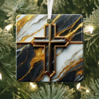Adorno Metálico Cruz de Mármol Blanco y Negro con oro