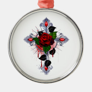 Adorno Metálico Cruz de Plata con una Rosa Roja