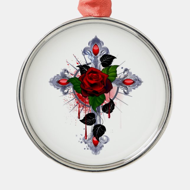 Adorno Metálico Cruz de Plata con una Rosa Roja (Frente)