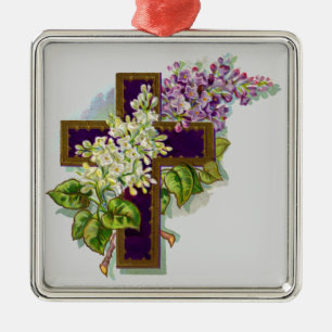 Adorno Metálico Cruz Morada y Flores