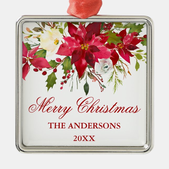 Adorno Metálico Cuadrado floral de Poinsettia rojo acuarela (Frente)