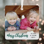 Adorno Metálico Cualquier texto de 2 fotos de moda Pincel con guió<br><div class="desc">Celebra las simples alegrías de las vacaciones con un adorno metalizado cuadrado de fotografía personalizado 2. Las imágenes y todo el texto de esta plantilla son fáciles de personalizar y pueden ser diferentes o iguales delante y detrás. Puede incluir cualquier texto, como Feliz Navidad, Felices Fiestas, Mejores Amigos, Niños y...</div>