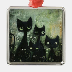 Adorno Metálico Cuatro Gatos Negros con Margaritas en Gris Mezclad