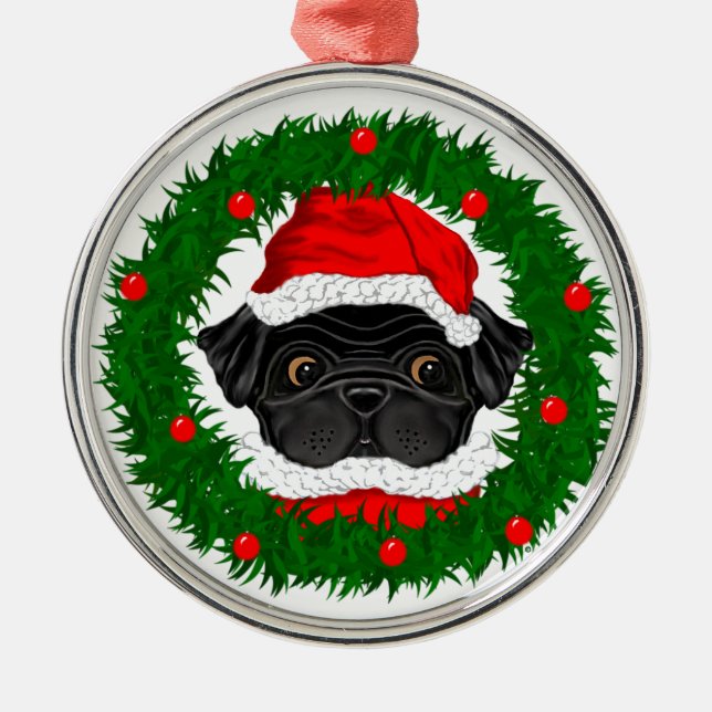 Adorno Metálico Cuidados Navidades Black Pug Santa en guirnalda (Frente)