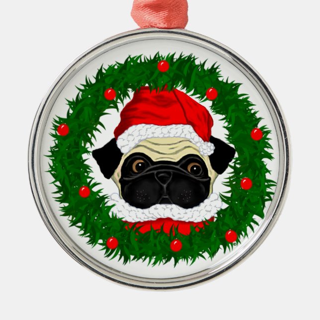 Adorno Metálico Cuidados Navidades pug Santa en guirnalda (Frente)