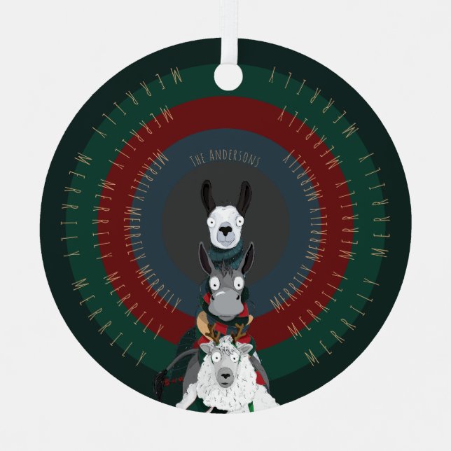 Adorno Metálico Curioso burro de invierno, llama y oveja (Anverso)